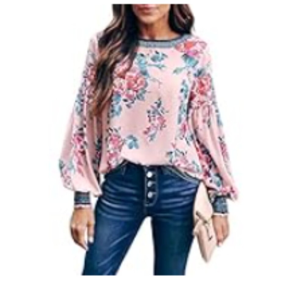 Floral Long Sleeve Crew Neck Blouse - Pink Large